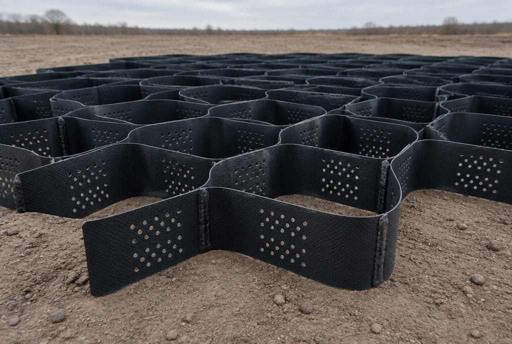 Black HDPE geocell panel expanded open on compacted soil