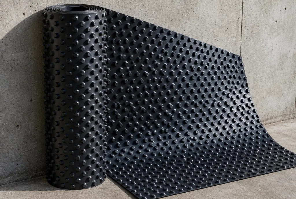 Roll of black HDPE dimple drainage sheet, studs visible