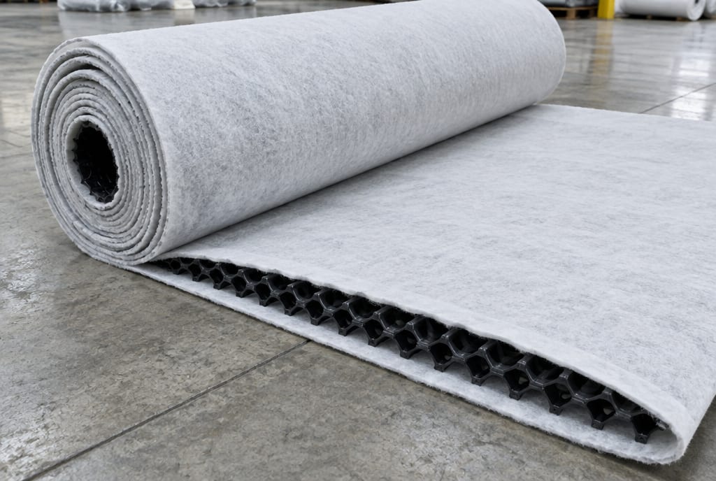 Roll of drainage geocomposite showing the net core between two geotextile layers