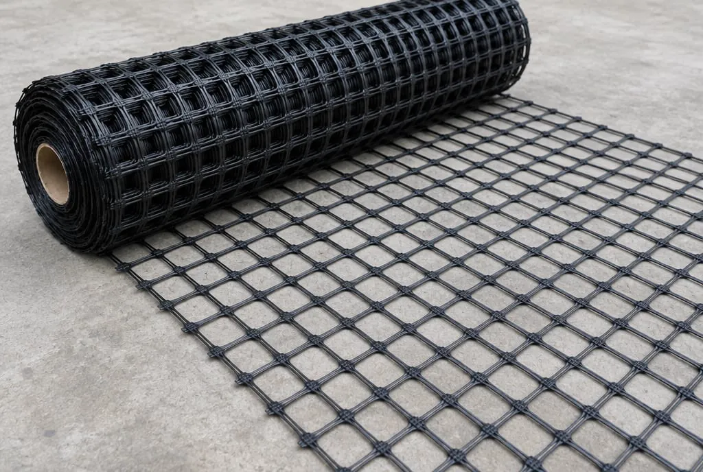 Roll of black PVC-coated polyester biaxial geogrid, square apertures visible