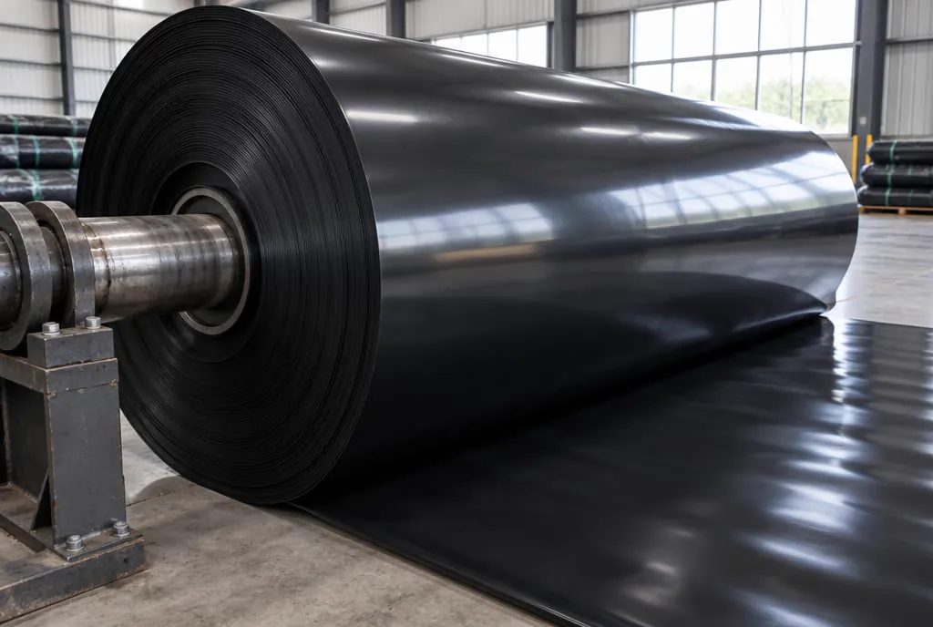 Large roll of smooth black HDPE geomembrane liner on a spindle