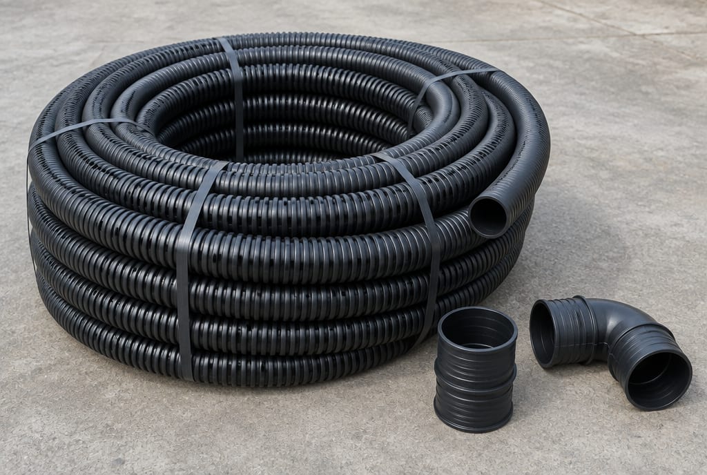 Coil of black corrugated perforated PVC drainage pipe with fittings