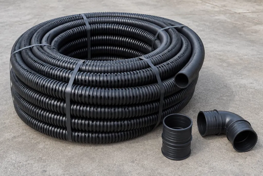 Coil of black corrugated perforated PVC drainage pipe with fittings