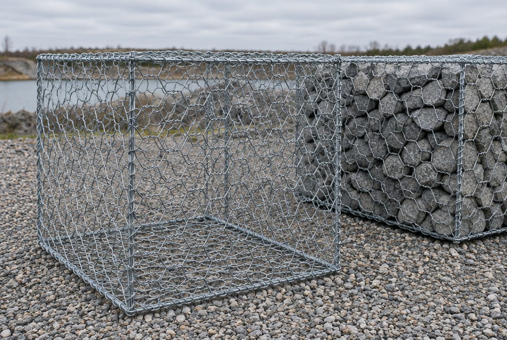 Galvanised wire gabion box, empty, beside a stone-filled gabion