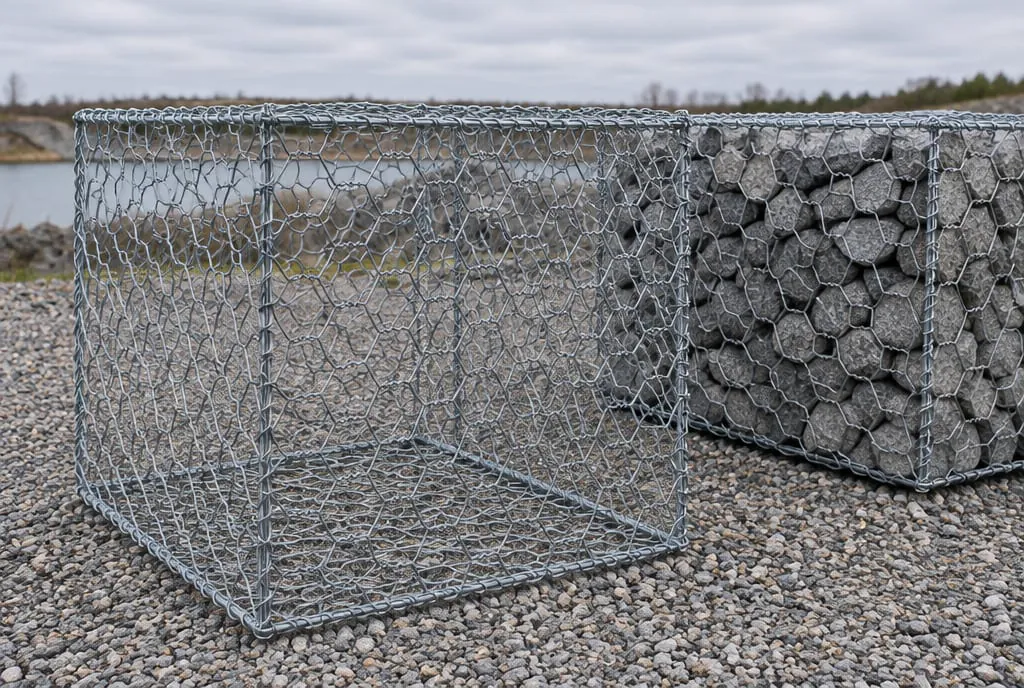 Galvanised wire gabion box, empty, beside a stone-filled gabion